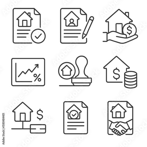 Real Estate Finance Icons. Line style icons of real estate financing: mortgage document, loan application, down payment icon,