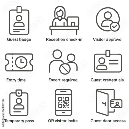 Visitor Management Icons. Line style icons of visitor management: guest badge, reception check-in, visitor approval icon, entry