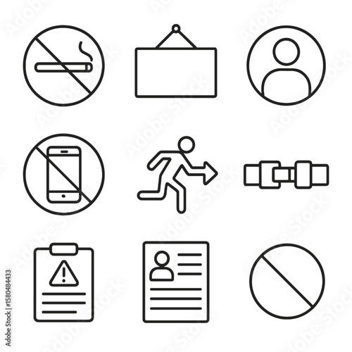 Public Compliance Icons. Line style icons of public compliance signage: “no smoking” sign, restricted area board, authorized