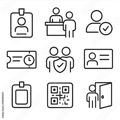 Visitor Management Icons. Line style icons of visitor management: guest badge, reception check-in, visitor approval icon, entry