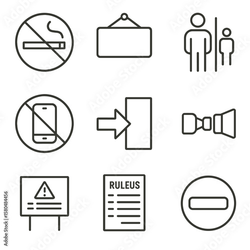 Public Compliance Icons. Line style icons of public compliance signage: “no smoking” sign, restricted area board, authorized