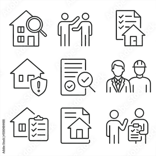 Real Estate Inspection Icons. Line style icons of real estate transaction inspection: pre-sale inspection icon, buyer inspection