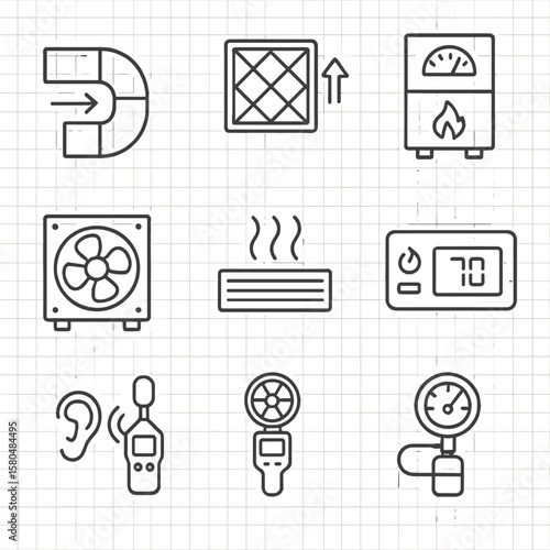 HVAC Inspection Icons. Line style icons of HVAC inspection: air duct symbol, filter change icon, furnace test, A/C unit check,