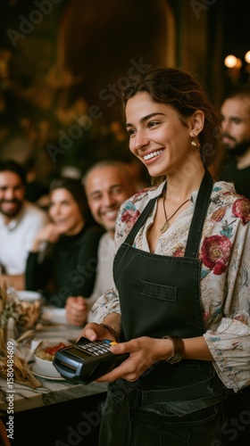 Beautiful woman paying for lunch with a card machine, smiling at the waiter as her friends laugh and enjoy their meal in a cheerful restaurant atmosphere.