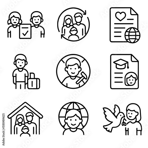 Child Protection Icons. Line style icons of child and family protection: children’s rights treaty, family reunification symbol,