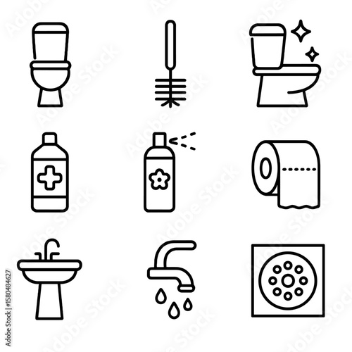 Bathroom Sanitation Icons. Line style icons of bathroom sanitation: toilet bowl icon, toilet brush, clean toilet symbol,
