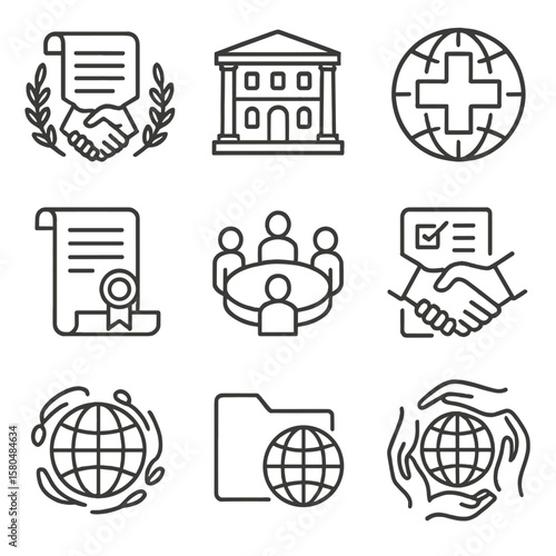 Global Cooperation Icons. Line style icons of international cooperation organizations: UN treaty icon, Geneva treaties building,