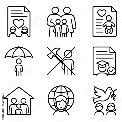 Child Protection Icons. Line style icons of child and family protection: children’s rights treaty, family reunification symbol,