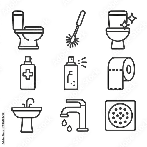 Bathroom Sanitation Icons. Line style icons of bathroom sanitation: toilet bowl icon, toilet brush, clean toilet symbol,