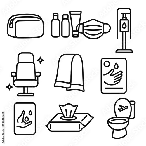 Travel Hygiene Essentials. Line style icons of travel hygiene: hygiene kit bag, travel-size toiletries, disposable face mask,