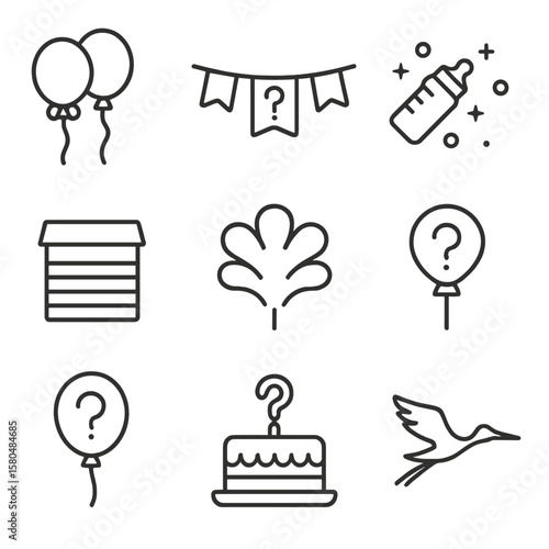 Gender Reveal Icons. Line style icons of gender reveal party decor: pink and blue balloons, “boy or girl” banner, baby bottle