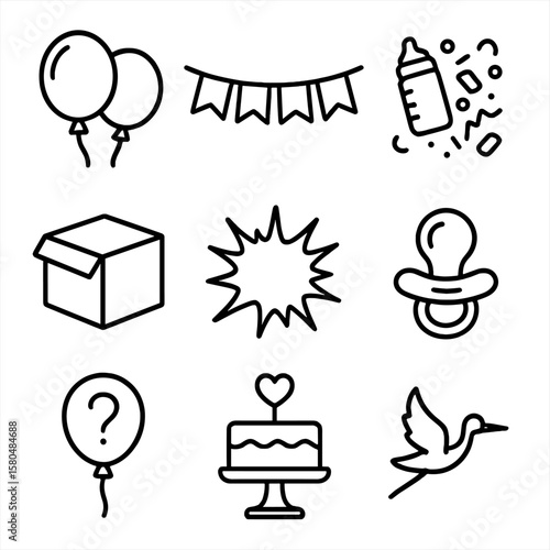 Gender Reveal Icons. Line style icons of gender reveal party decor: pink and blue balloons, “boy or girl” banner, baby bottle