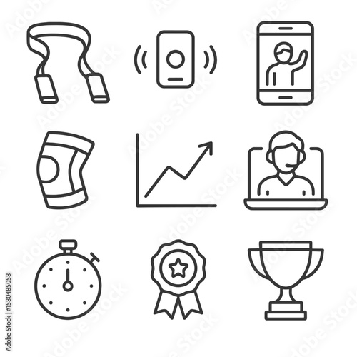 Remote Rehab Device Icons. Outline style icons of Remote Rehabilitation Devices: exercise band, motion sensor, rehab app screen,