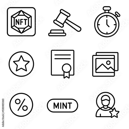 NFT Marketplace Icons. Outline style icons of NFT Marketplace Elements: collectible token, auction hammer, bidding timer, rarity