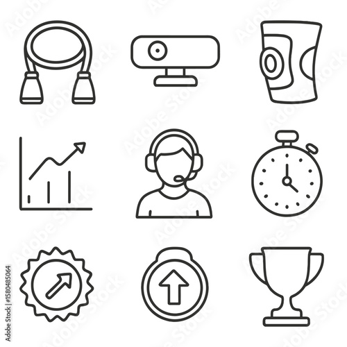Remote Rehab Device Icons. Outline style icons of Remote Rehabilitation Devices: exercise band, motion sensor, rehab app screen,