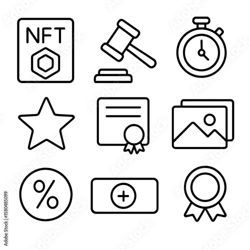 NFT Marketplace Icons. Outline style icons of NFT Marketplace Elements: collectible token, auction hammer, bidding timer, rarity
