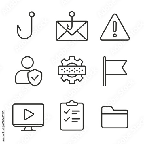 Phishing Awareness Icons. Outline style icons of Phishing Awareness Training: phishing hook, fraudulent email envelope, red