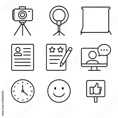 Video Interview Essentials. Outline style icons of Video Interview Prep: tripod camera, ring light, neutral backdrop, resume sheet