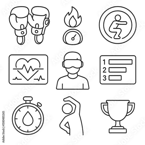 VR Fitness Icons. Outline style icons of VR Fitness Workout: boxing gloves controller, calorie burn meter, squat target rings,