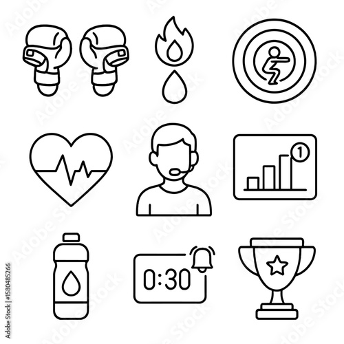 VR Fitness Icons. Outline style icons of VR Fitness Workout: boxing gloves controller, calorie burn meter, squat target rings,