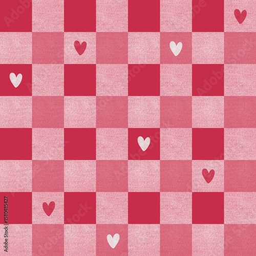 Checkered seamless pattern with hearts in red color