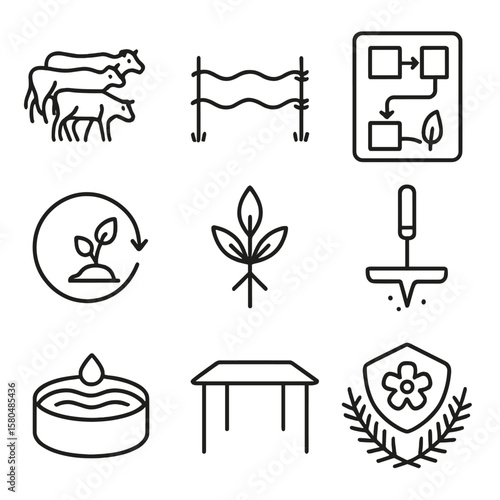 Regenerative Grazing Icons. Outline style icons of Regenerative Grazing: cattle herd, movable fence, grazing plan chart, pasture