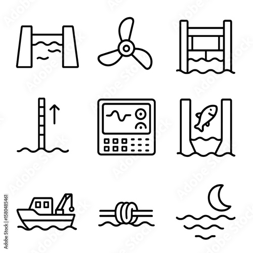 Tidal Power Icons. Outline style icons of Tidal Power Plant: tidal barrage wall, turbine rotor, sluice gate, sea level gauge,