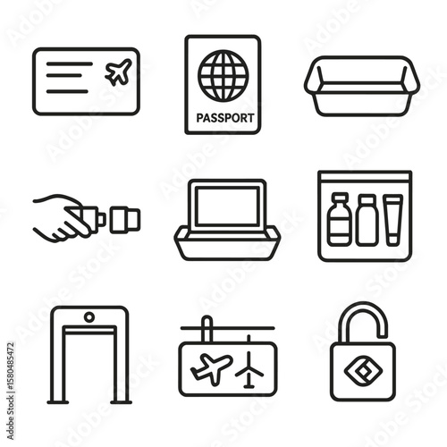 Airport Security Icons. Outline style icons of Airport Security Items: boarding pass, passport, security tray, belt removal icon,