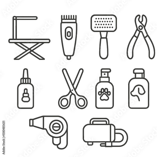 Dog Grooming Tools. Outline style icons of Dog Grooming Salon: grooming table, hair clipper, slicker brush, nail trimmer, ear