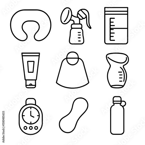 Breastfeeding Essentials Icons. Outline style icons of Breastfeeding Kit: nursing pillow, breast pump, milk storage bag, nipple