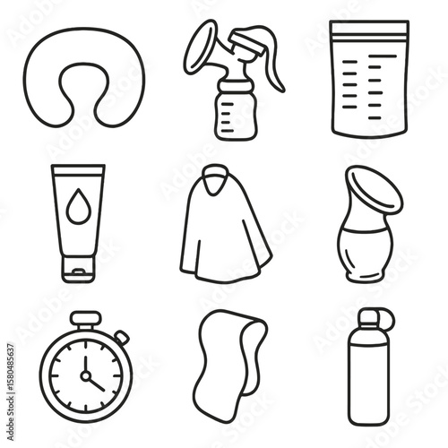 Breastfeeding Essentials Icons. Outline style icons of Breastfeeding Kit: nursing pillow, breast pump, milk storage bag, nipple