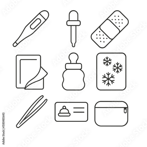 Infant First Aid Icons. Outline style icons of Infant First Aid: digital thermometer, medicine dropper, adhesive bandage,
