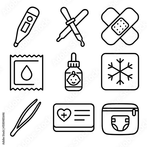 Infant First Aid Icons. Outline style icons of Infant First Aid: digital thermometer, medicine dropper, adhesive bandage,