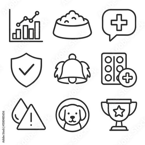 Pet Wellness Icons. Outline style icons of Pet Wellness App Features: step count graph, meal tracker, vet chat bubble, vaccination