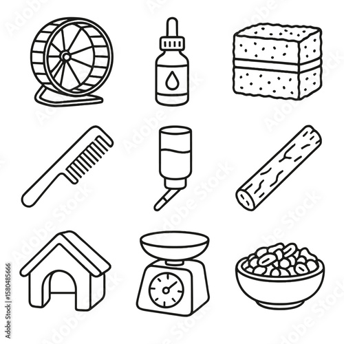 Small Pet Wellness Icons. Outline style icons of Small Pet Wellness: hamster wheel, vitamin drops, bedding bale, grooming comb,