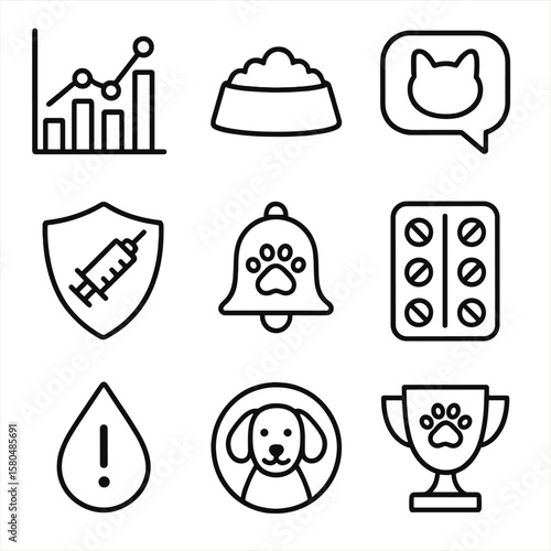 Pet Wellness Icons. Outline style icons of Pet Wellness App Features: step count graph, meal tracker, vet chat bubble, vaccination