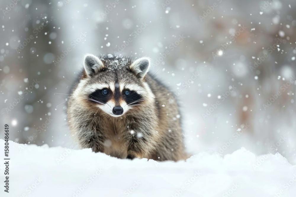 Obraz premium Wild raccoon walking in the snow during a snowfall in winter forest