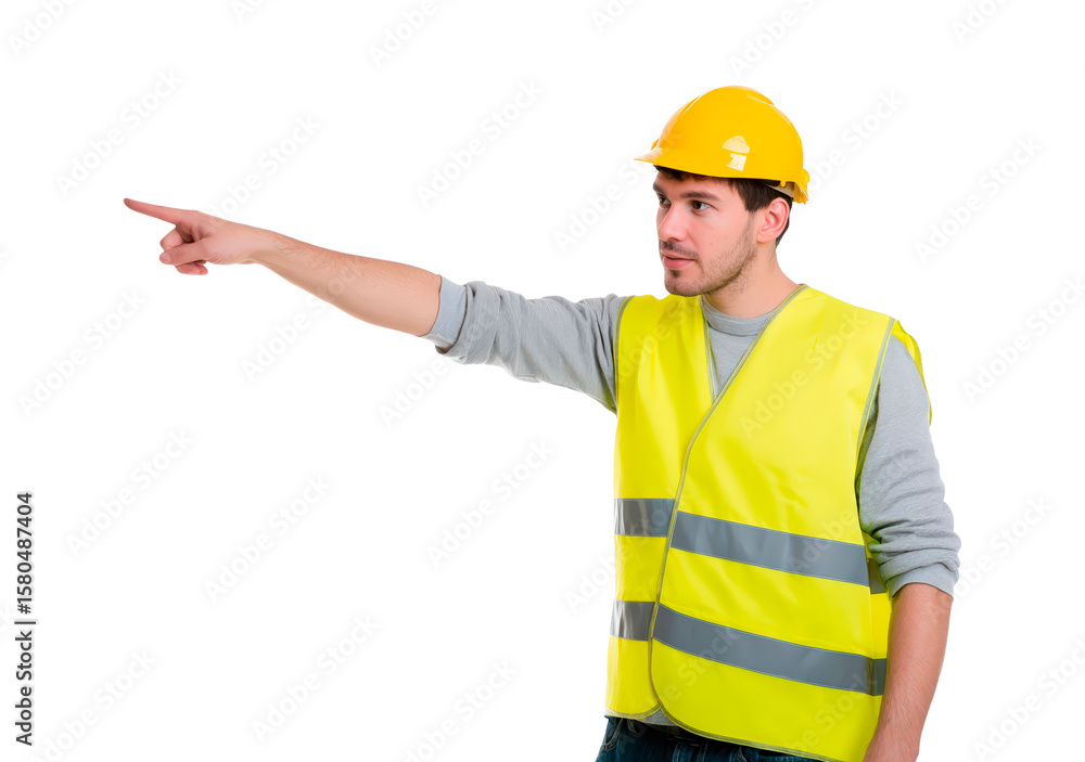 Construction worker in safety gear pointing direction for guidance and supervision on transparent background, PNG Construction worker in safety gear pointing direction for guidance and supervision on transparent background, PNG