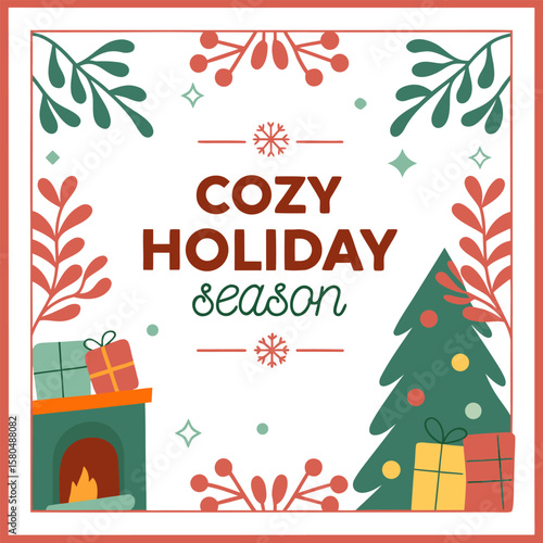 Illustration of a cozy holiday scene with a fireplace, christmas tree, gifts and festive decorations all around