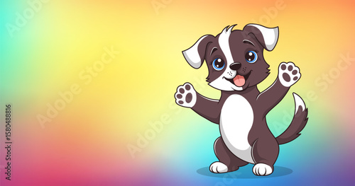 Vector cute cheerful cartoon smiling joyful friendly little chocolate puppy. Young dog with raised front paws, greets, wants to hug. White and brown doggie. Colorful rainbow gradient background
