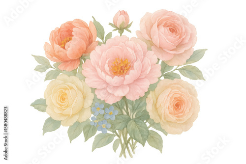 Delicate watercolor rose and peony bouquet with soft, transparent backdrop, perfect for romantic stationery design