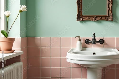 Primrose pot, pastel tiles, old sink, aged faucet, shabby chic style bathroom , decoration, yellow