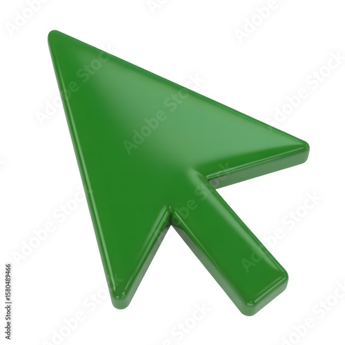 A shiny green computer cursor arrow, isolated on a transparent background