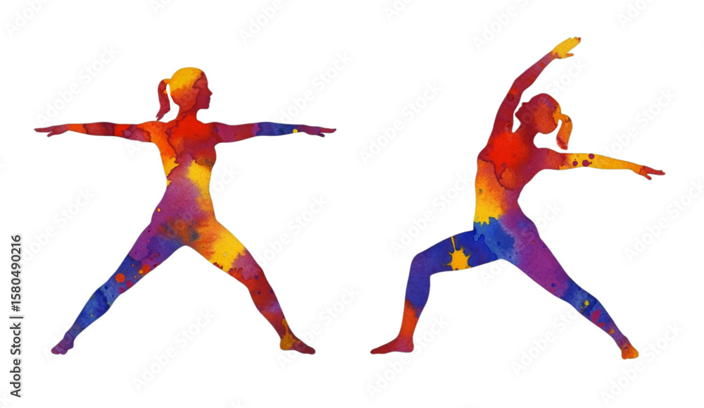 Fototapeta premium Beautiful and attractive watercolor different poses silhouettes isolated on white background