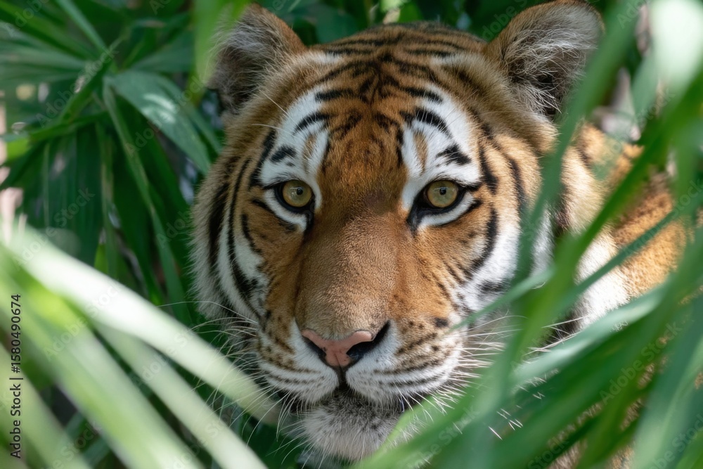 Fototapeta premium Closeup Portrait of a Tiger in Lush Green Foliage