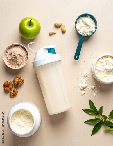 Protein Shake Preparation with Powder, Almonds, and Shaker Bottle – Healthy Nutrition Flat Lay. protein powder, shaker bottle, nutrition, fitness, almonds, supplement, healthy eating, clean diet, gym,