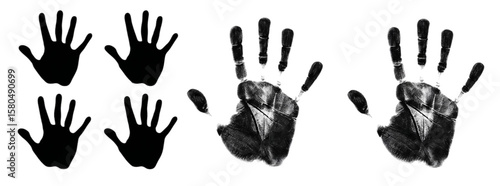 Black handprints and silhouettes set isolated on white background