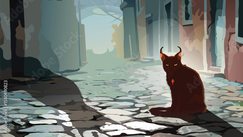 A brown cat with horns sits on a cobblestone street in front of buildings with a foggy background view
