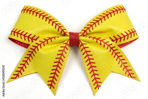 Bright yellow softball bow with red stitching and glitter accents for sports lovers