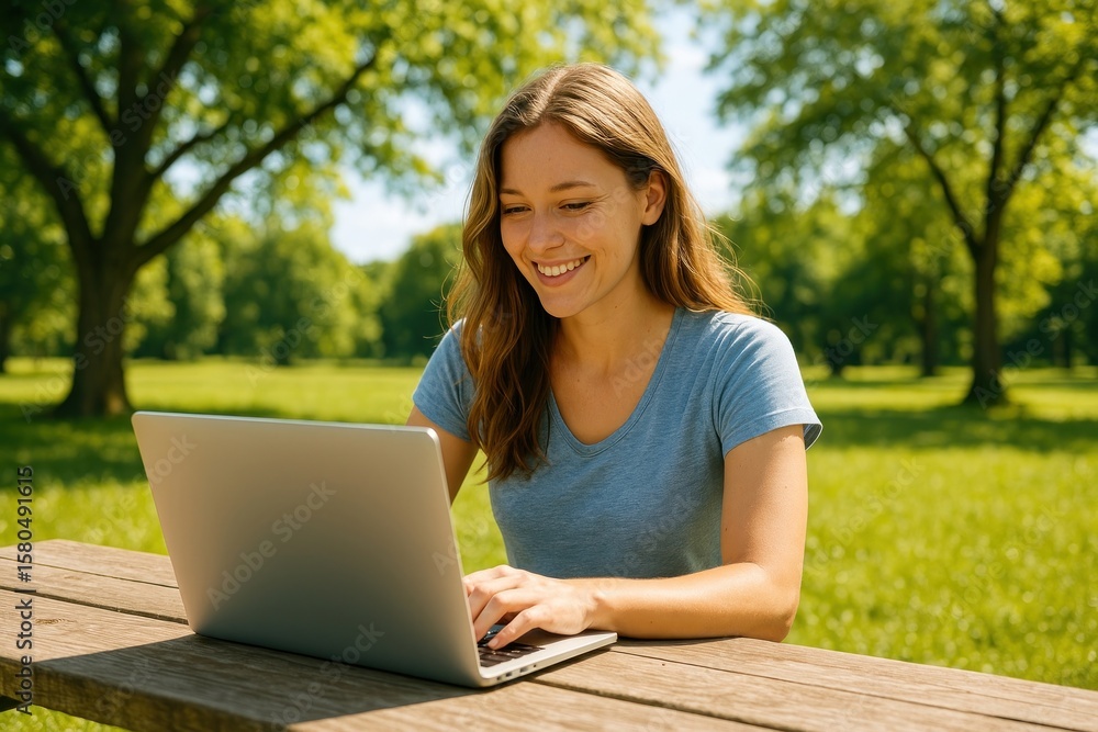Woman working outdoors happily. Woman working outdoors happily.
